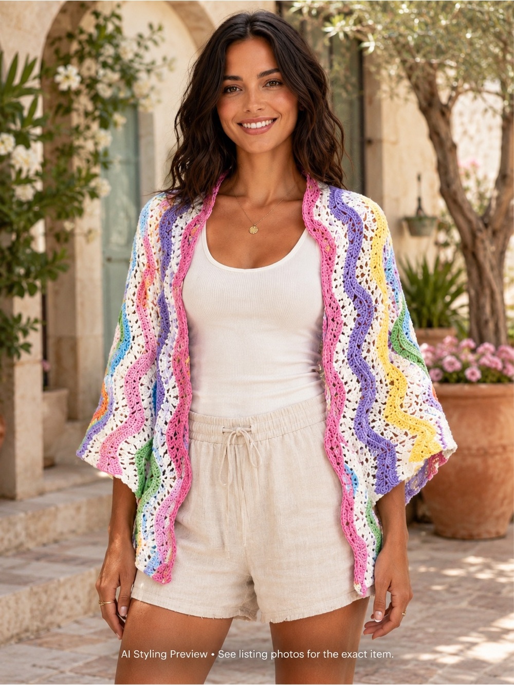 Handmade Rainbow Crochet Shrug S-L Pastel Boho Open Front Cardigan